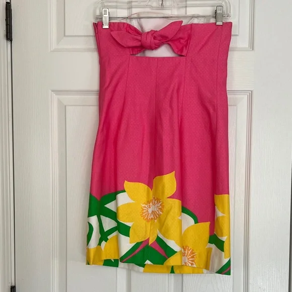 Lilly Pulitzer Strapless Pink Mini Cotton Dress with Yellow Floral Hem - Picture 6 of 14